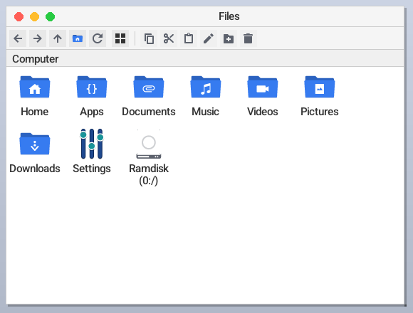 Files app displaying Computer view with user libraries, ramdisk volume, Settings, and Apps folder.